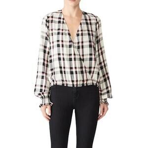 SANCTUARY Women's Cori Smocked Sleeve Blouse Size XS In Champagne Plaid